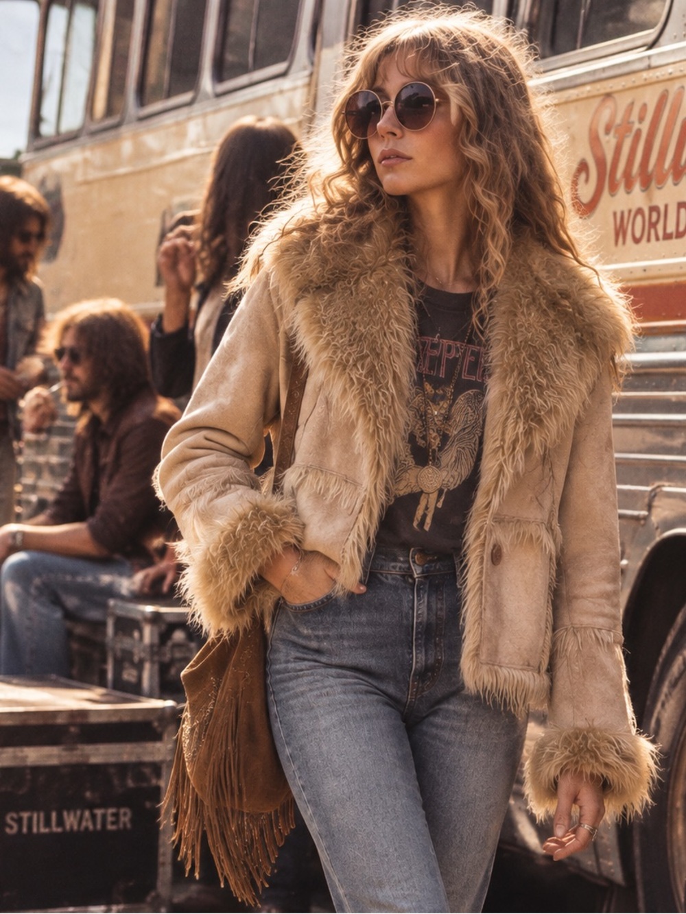 VINTAGE AXANA NEW YORK Tan Microsuede Penny Lane Bohemian Faux Fur Jacket, XL